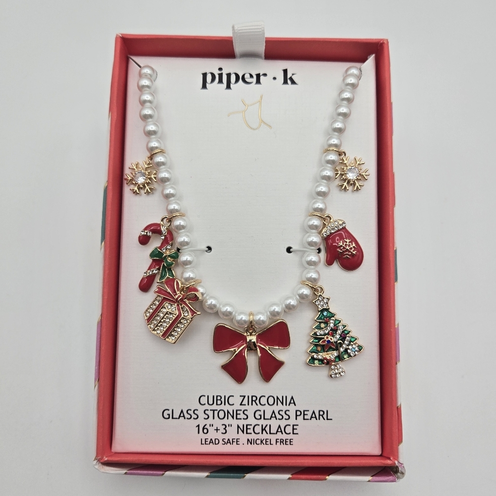 NEW Piper K Glass Pearl Cubic Zirconia Christmas Holiday Charm Necklace 16"